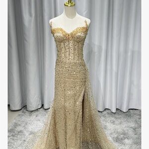 Sparkling Gold Evening Gown with Sweetheart Neckline